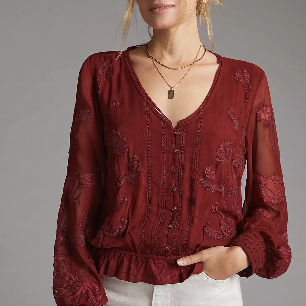 NWT Anthropologie Deep Red Embroidered Button Down Top